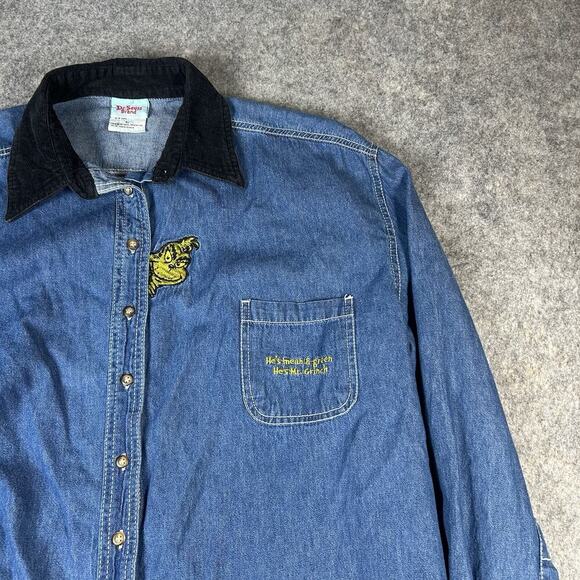 Vintage Dr. Seuss The Grinch Embroidered Denim Button Down Shirt XL Corduroy - Picture 2 of 9